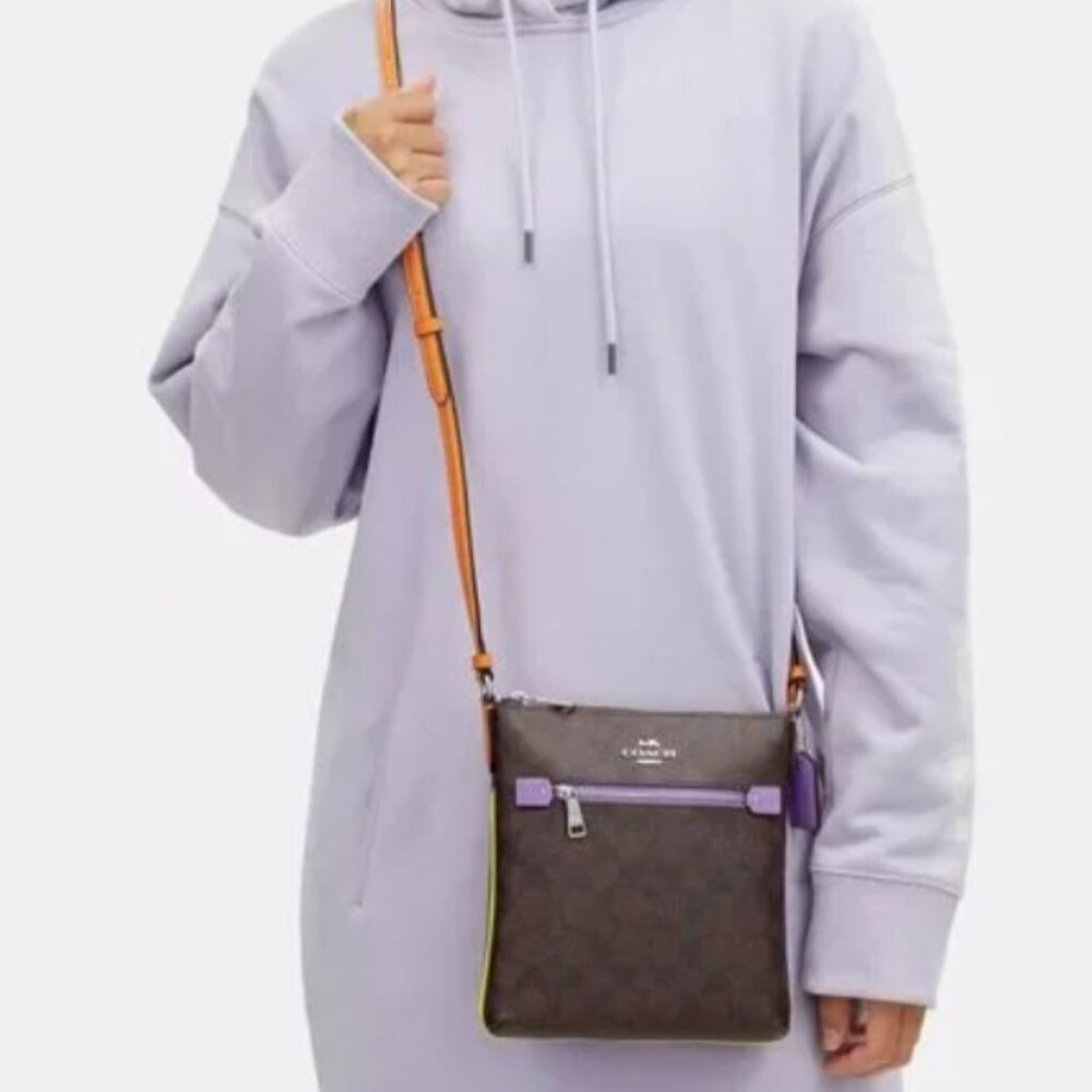 Coach CL671 Mini Rowan File Bag Sig C Brown Purple Orange Yellow Neon NEW - Picture 3 of 16